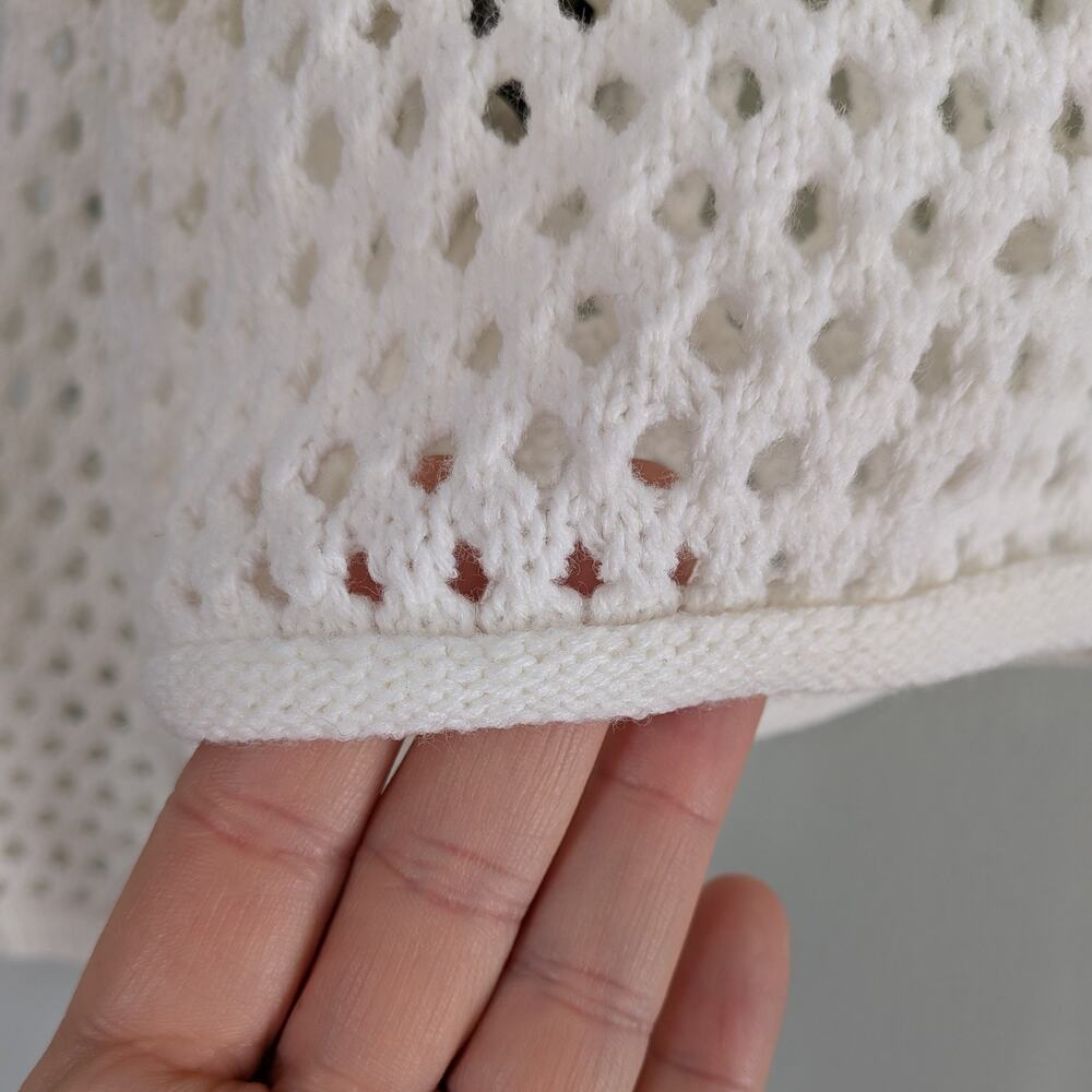 Open Knit Sweater L Off White Short Rolled Collar Boho Artsy Preppy Layering - Picture 4 of 9
